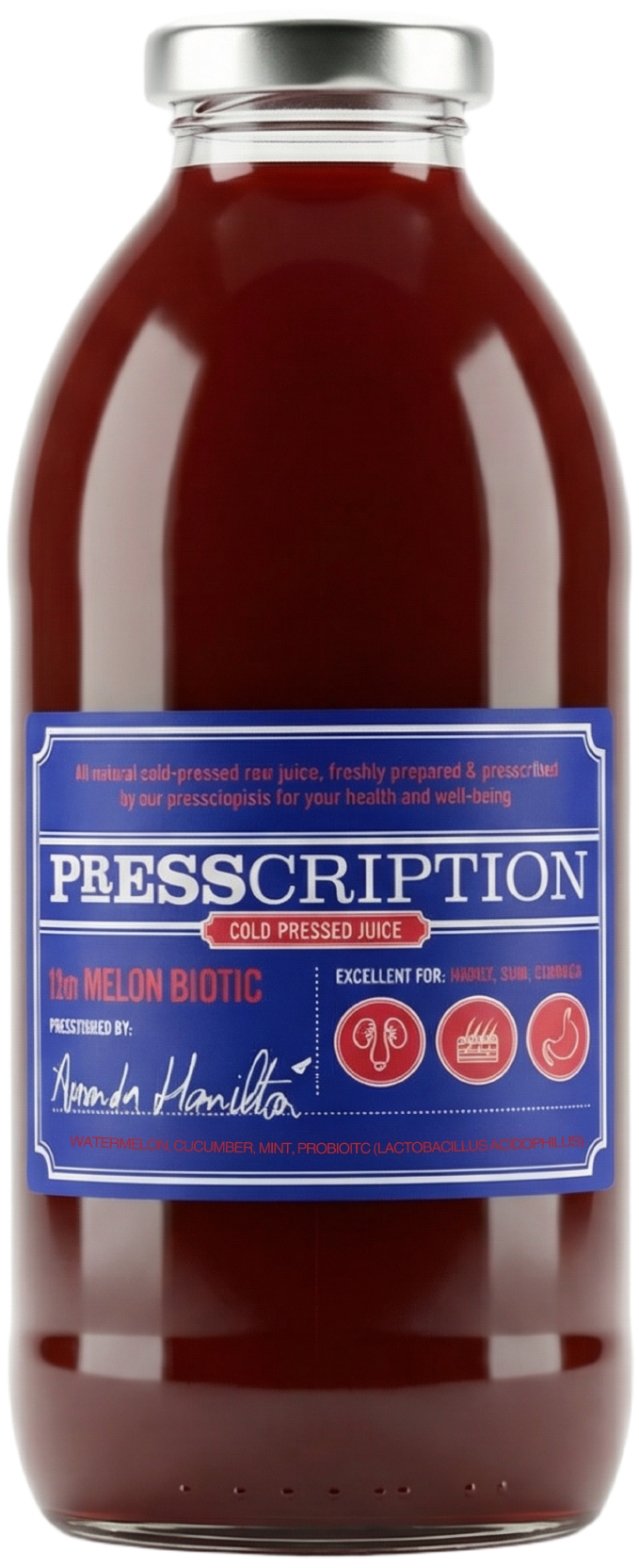 The Melonbiotic, dark red juice in a Presscription glass bottle