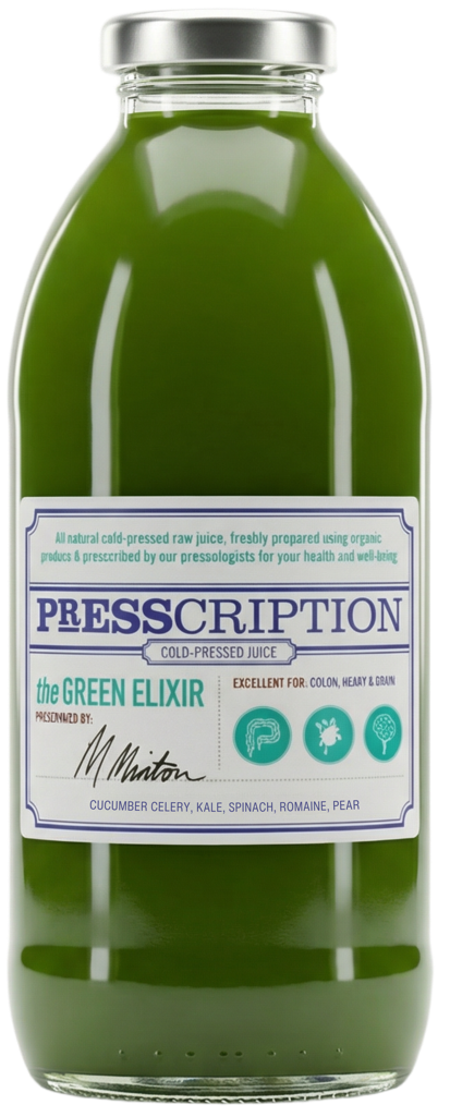 The Green Elixir, bright green juice in a Presscription glass bottle