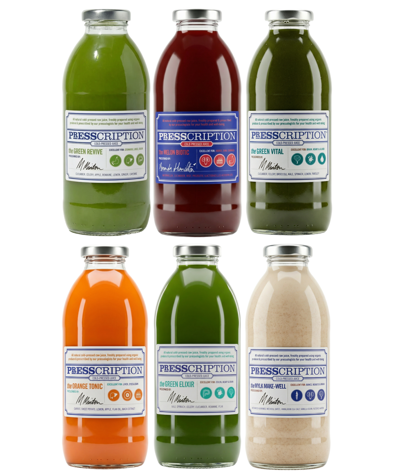 Best Sellers bundle: six bottles of Presscription best selling cold pressed juices stacked in two rows