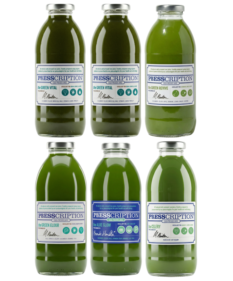 Green Bundle: six bottles of Presscription green juices stacked in two rows