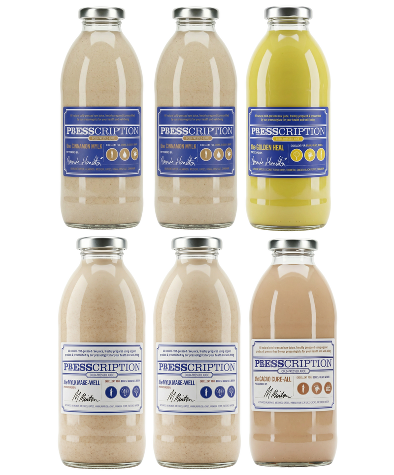 Mylk Bundle: six bottles of Presscription handmade nut mylks stacked in two rows