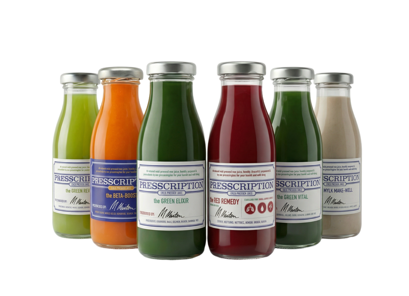5:2 Cleanse (Female): a row of Presscription cold pressed juices in glass bottles