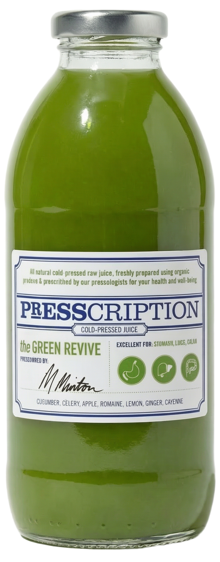 The Green Revive, light green juice in a Presscription glass bottle