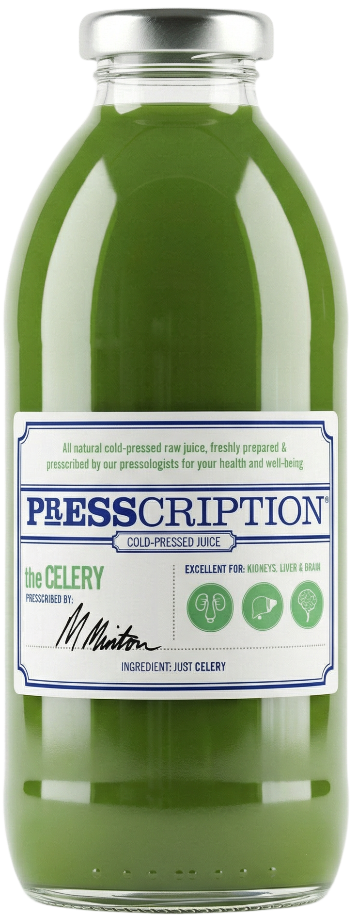 The Celery Juice, green celery juice in a Presscription glass bottle