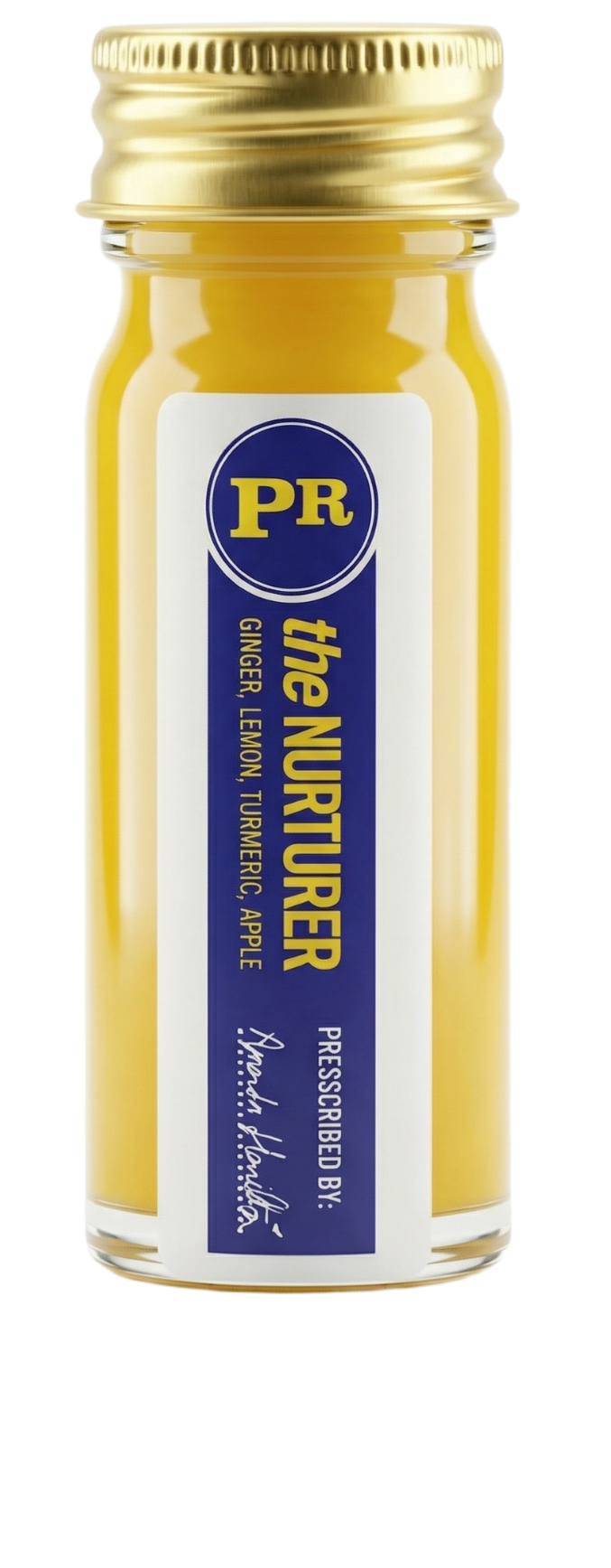 The Nurturer, a yellow ginger shot in a small Presscription glass bottle