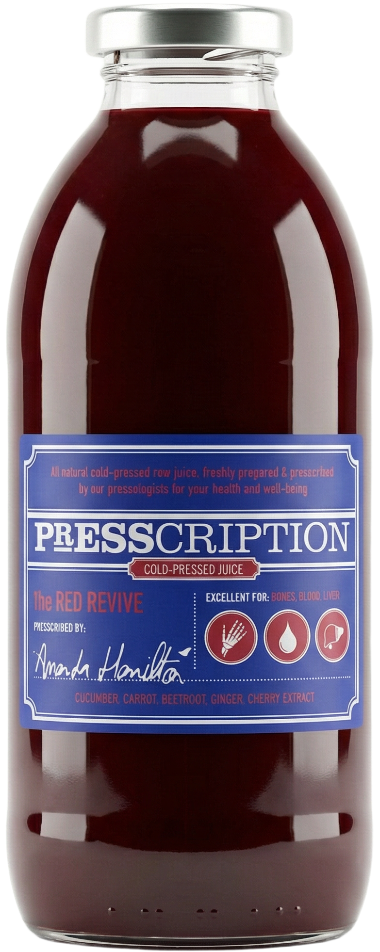 The Red Revive, deep red juice in a Presscription glass bottle