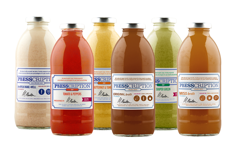 Presscription Souper Cleanse: blended vegetable soups and broths in glass bottles, an easy first step after a juice cleanse