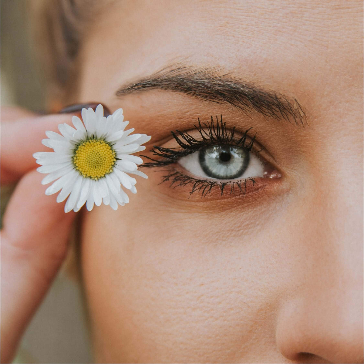 Close-up of an eye with a daisy