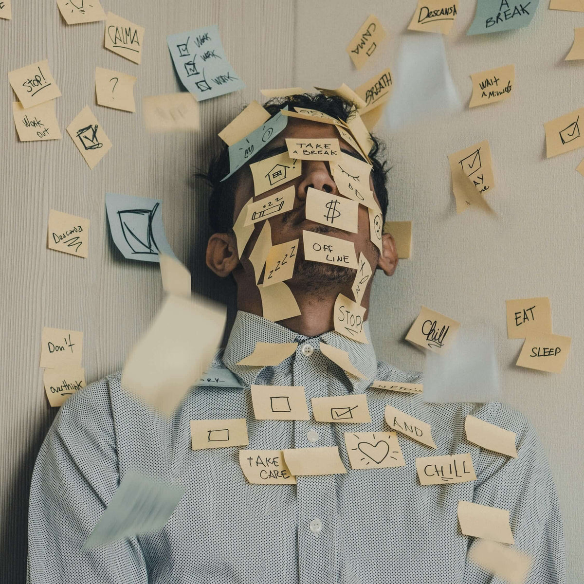 Man covered in sticky notes