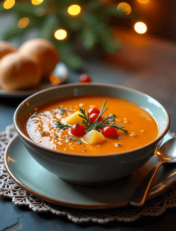 Bowl of orange Christmas soup with bread rolls