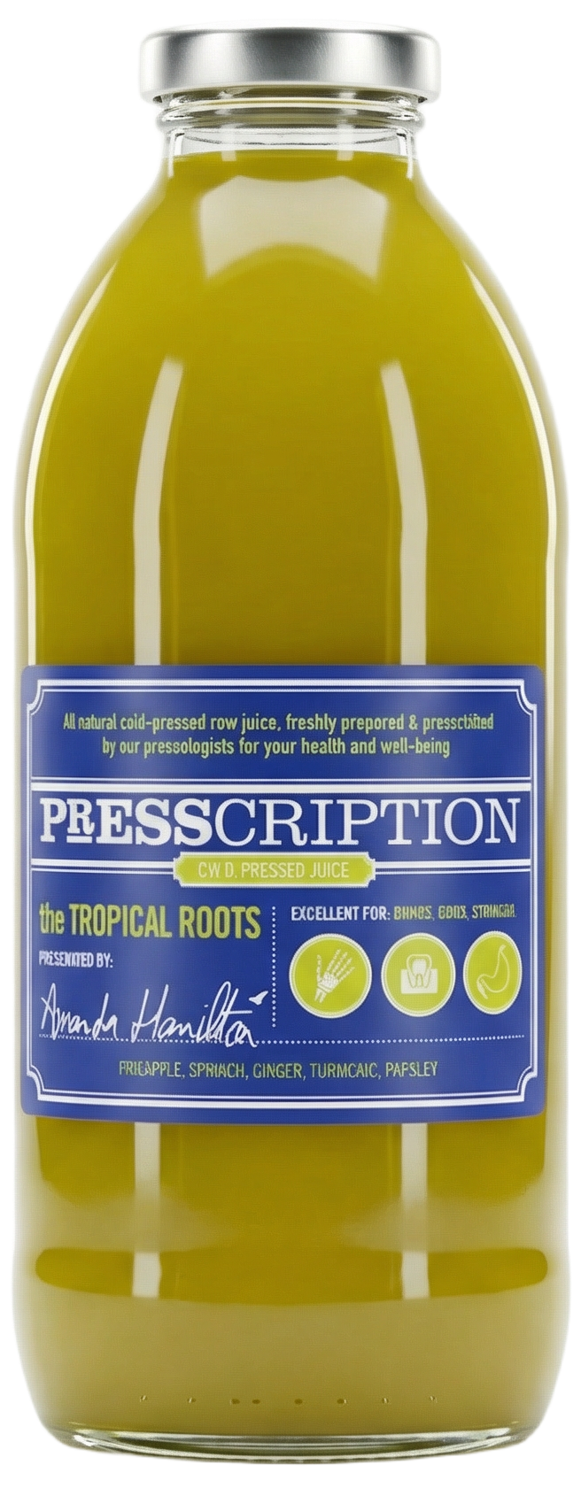 The Tropical Roots, yellow green juice in a Presscription glass bottle