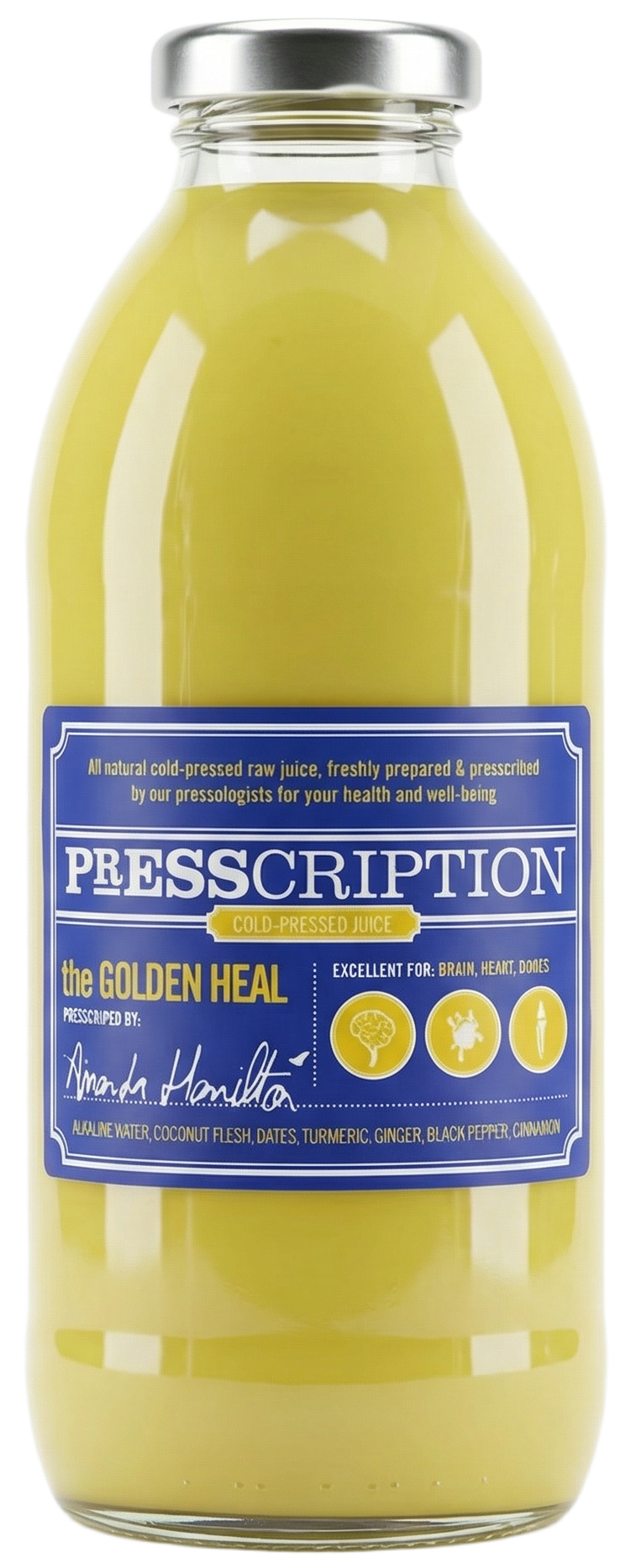 The Golden Heal, golden turmeric nut mylk in a Presscription glass bottle
