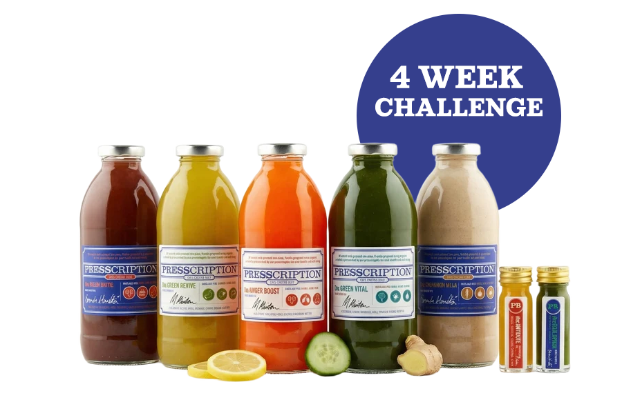 4 Week Challenge: Presscription cold pressed juices and shots with a 4 week challenge badge