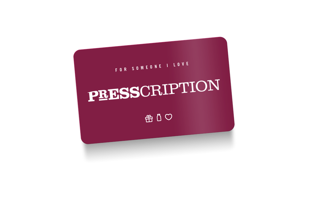 Presscription gift card in burgundy