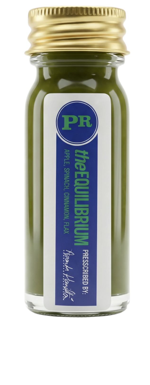 The Equilibrium, a green wellness shot in a small Presscription glass bottle