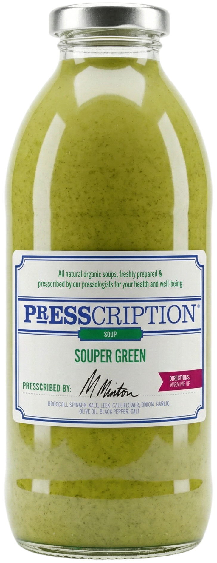 Souper Green, green vegetable soup in a Presscription glass bottle