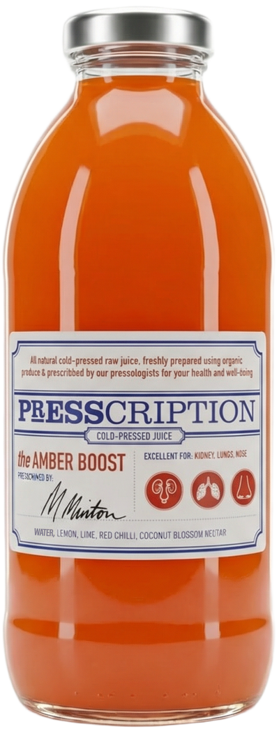 The Amber Boost, amber orange juice in a Presscription glass bottle