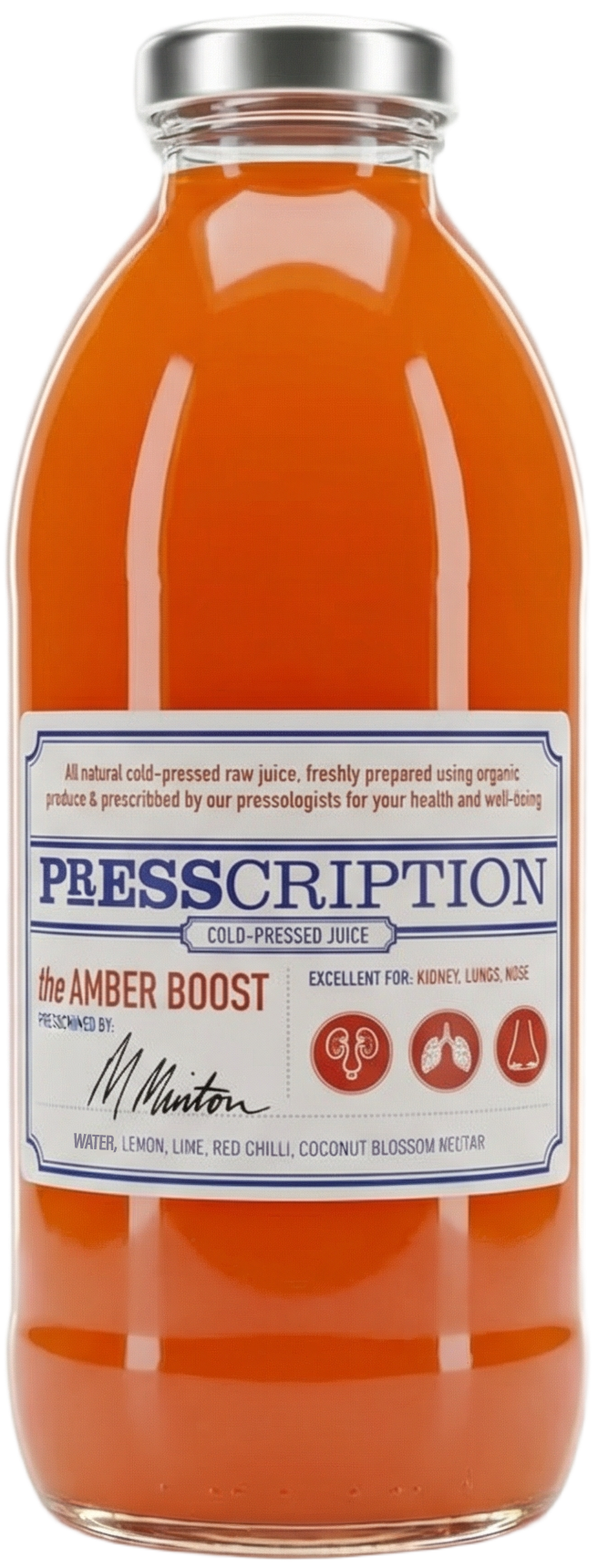 The Amber Boost, amber orange juice in a Presscription glass bottle