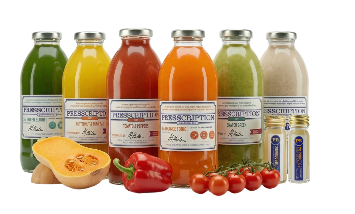 Nourish Soup Cleanse: Presscription soups and broths in glass bottles with butternut squash, peppers and tomatoes