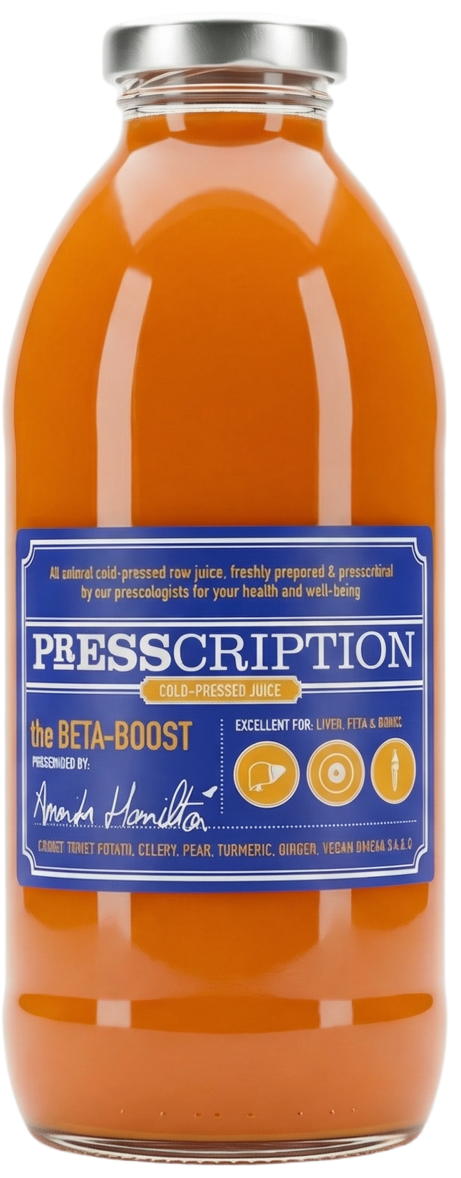 The Beta Boost, orange carrot juice in a Presscription glass bottle