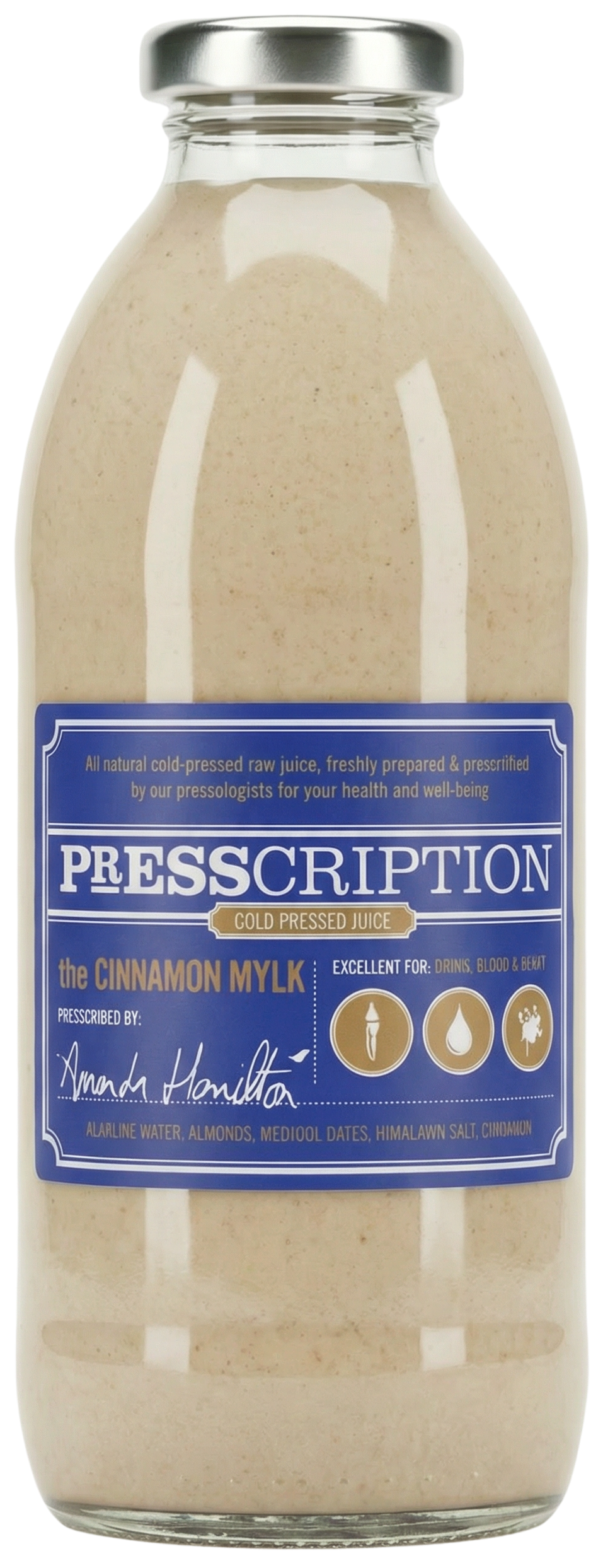 The Cinnamon Milk, creamy cinnamon nut mylk in a Presscription glass bottle
