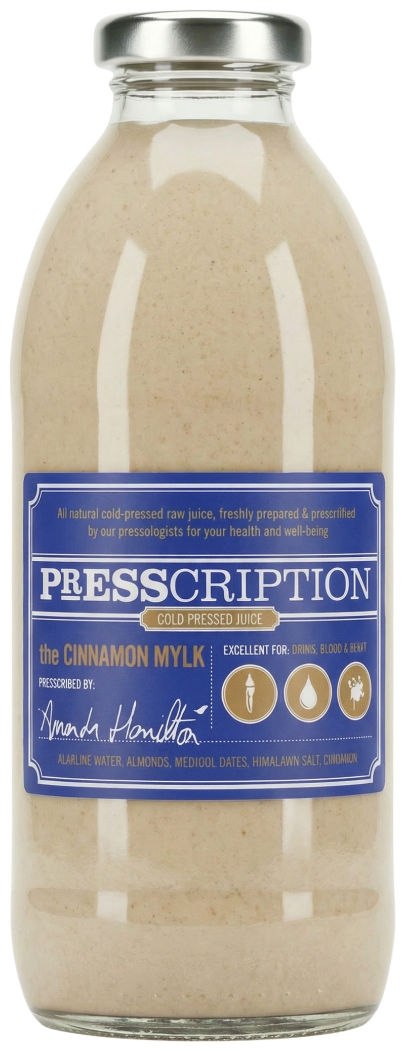 The Cinnamon Milk, creamy cinnamon nut mylk in a Presscription glass bottle