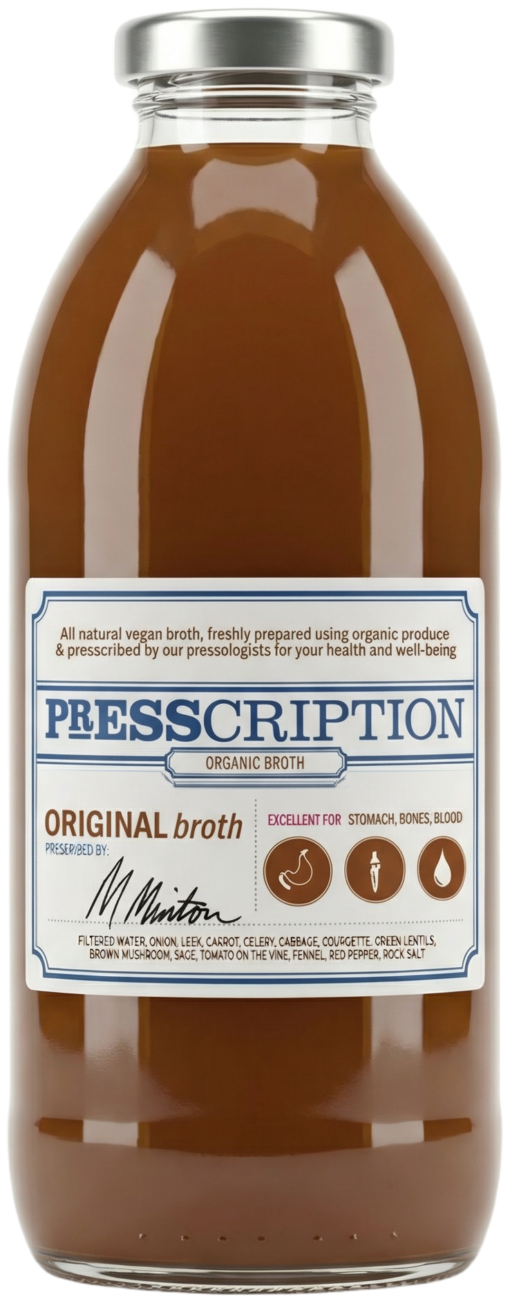 Original Broth, brown vegetable broth in a Presscription glass bottle