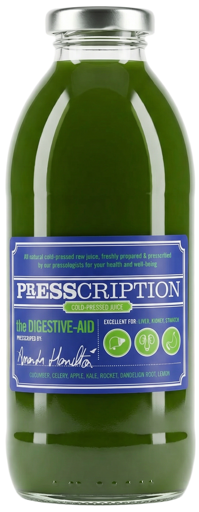 The Digestive Aid, green juice in a Presscription glass bottle