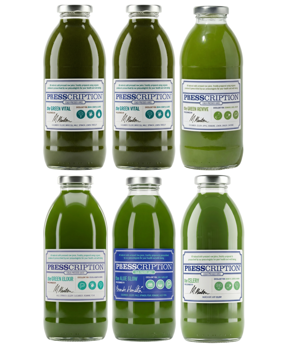 Green Bundle: six bottles of Presscription green juices stacked in two rows