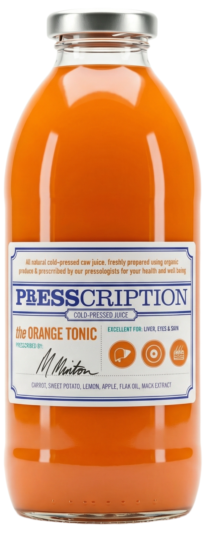 The Orange Tonic, orange juice in a Presscription glass bottle