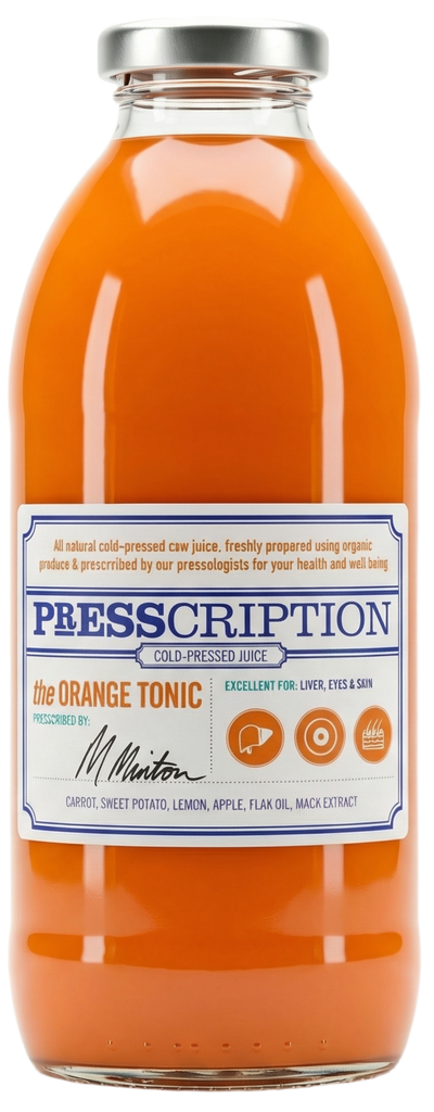 The Orange Tonic, orange juice in a Presscription glass bottle