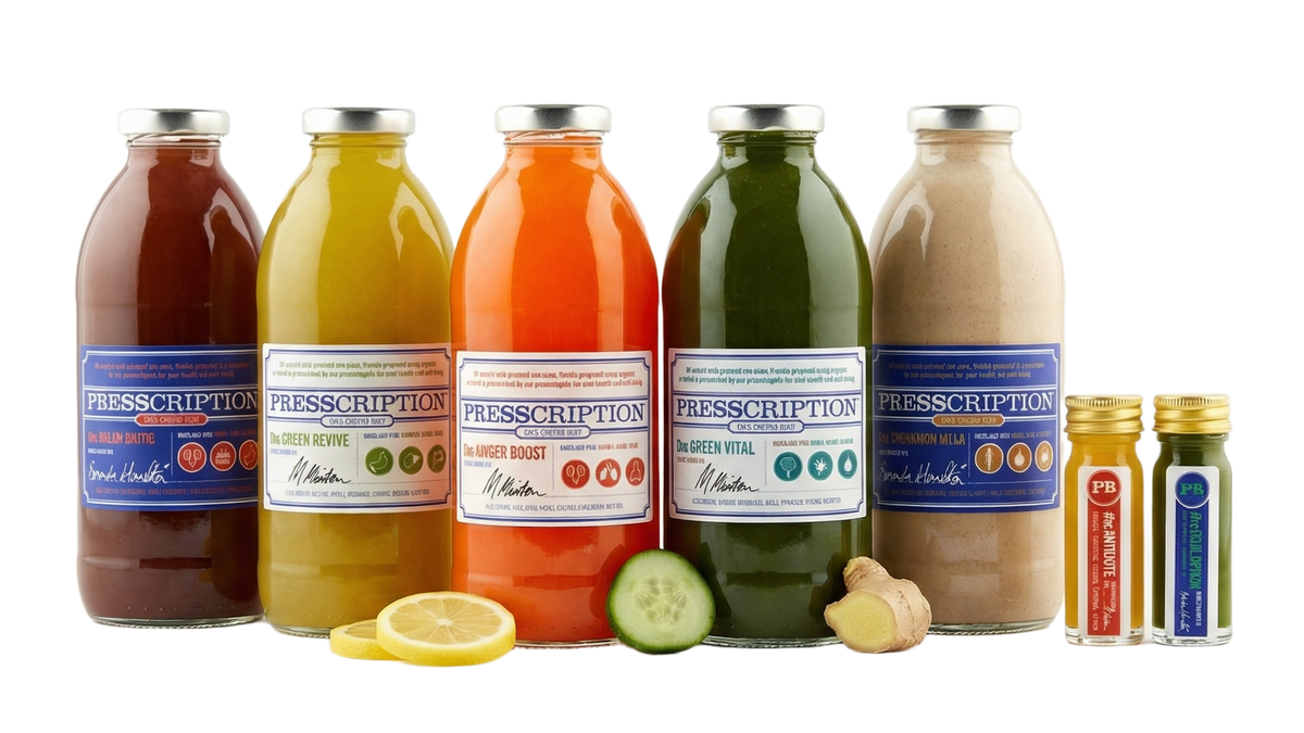 Weight Loss Juice Cleanse: a row of Presscription cold pressed juices and two wellness shots with lemon and cucumber