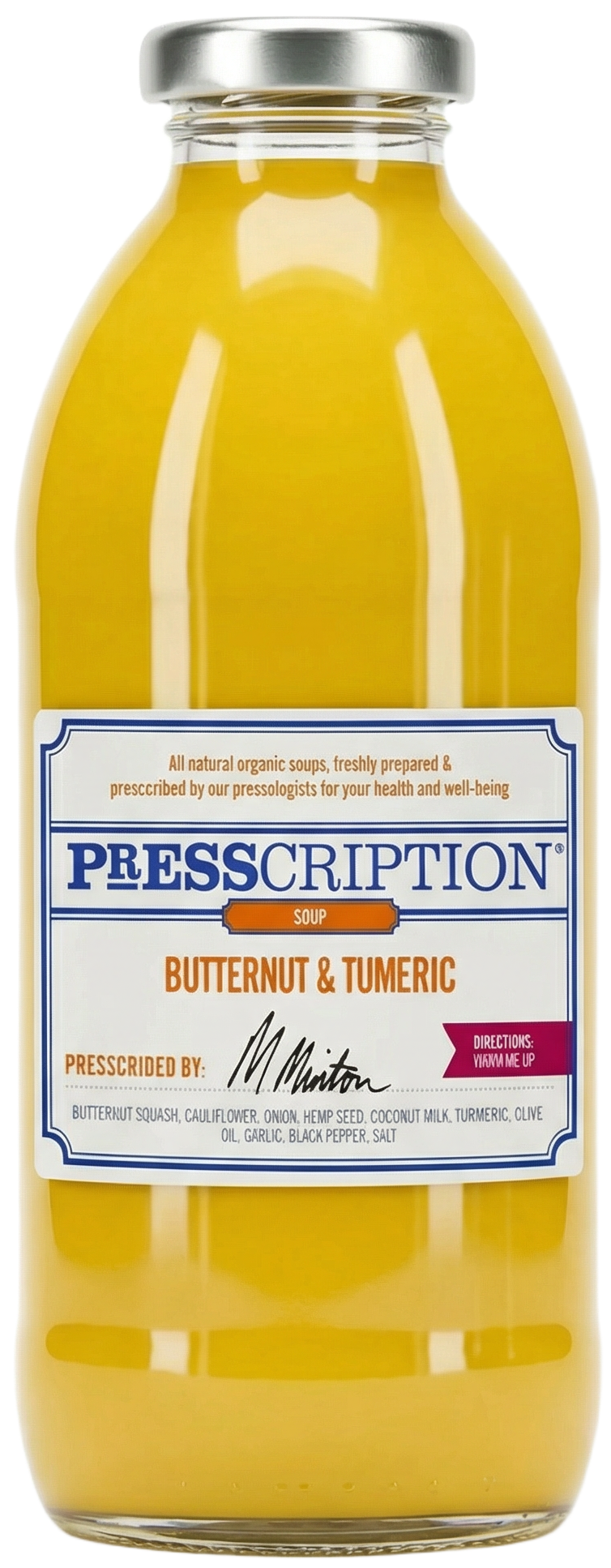 Butternut and Turmeric, golden butternut and turmeric soup in a Presscription glass bottle