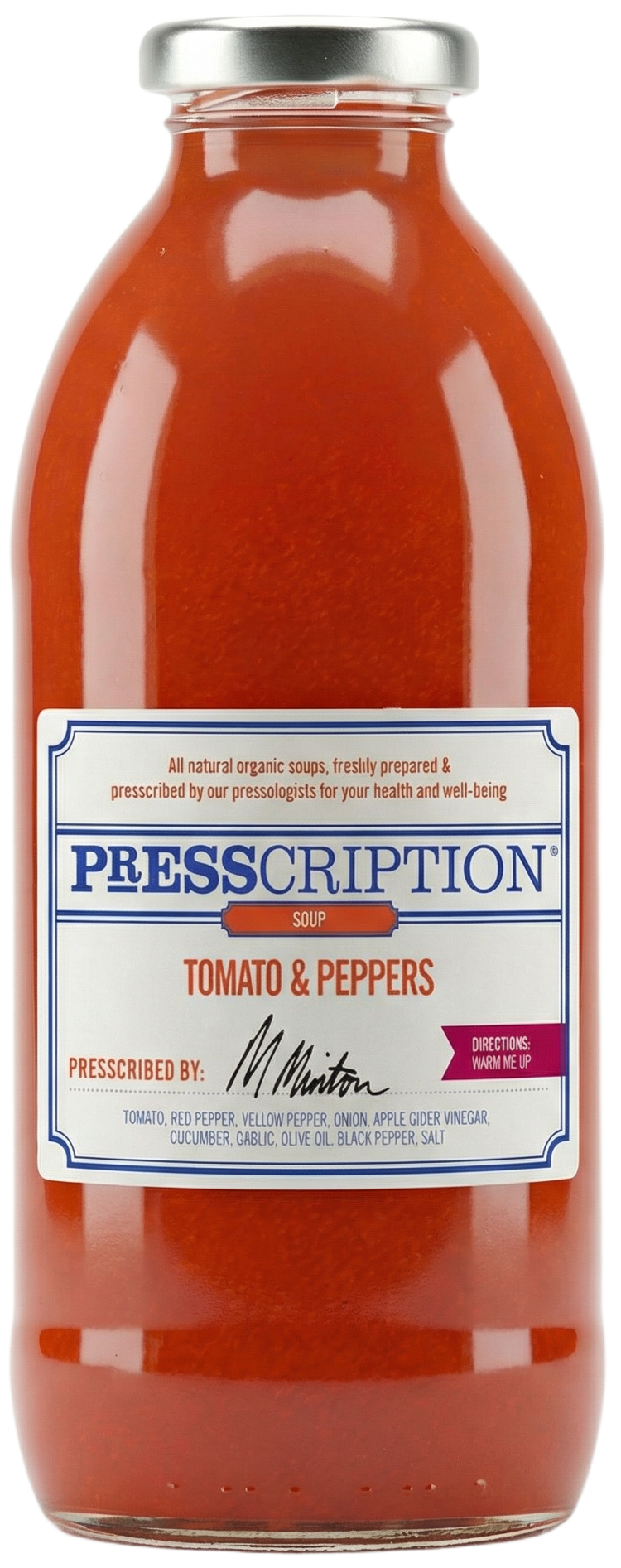 Tomato and Peppers, red tomato and pepper soup in a Presscription glass bottle