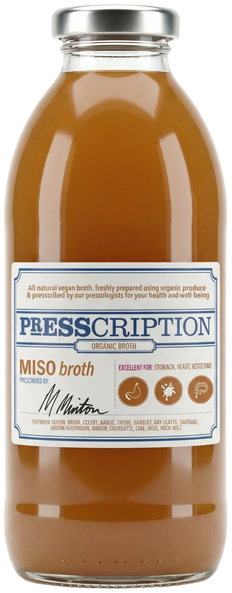 Miso Broth, amber miso broth in a Presscription glass bottle