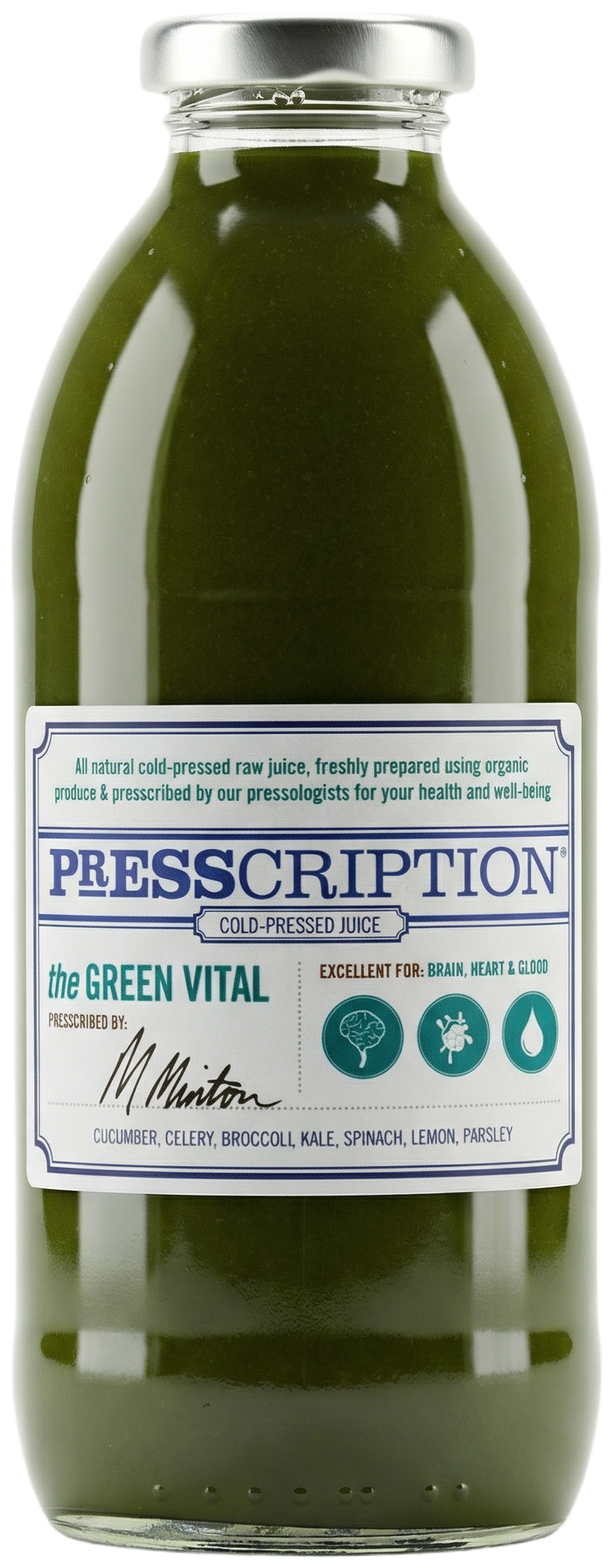 The Green Vital, green juice in a Presscription glass bottle
