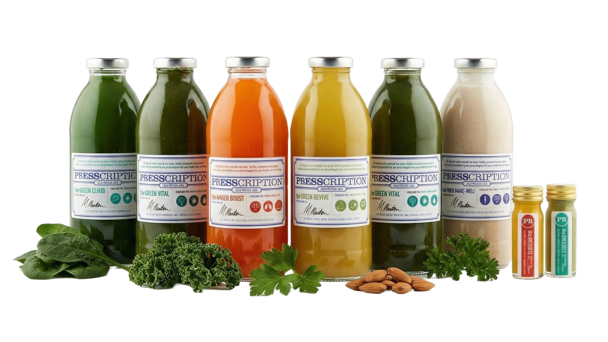 Advanced Juice Cleanse: a row of Presscription cold pressed juices and wellness shots with leafy greens and nuts