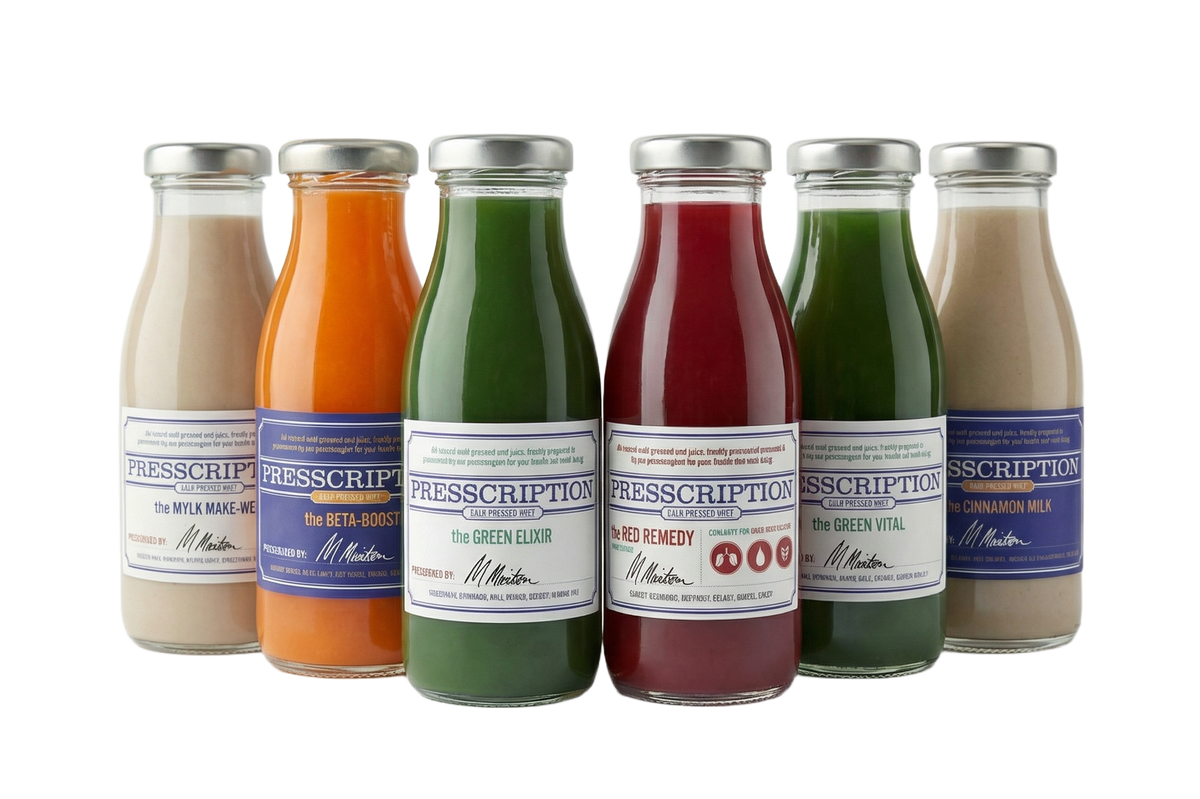 5:2 Cleanse (Male): a row of Presscription cold pressed juices in glass bottles