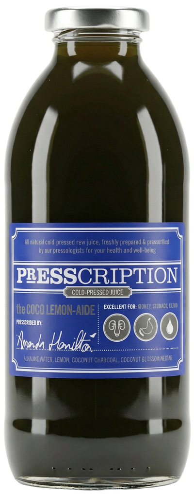 The Coco Lemonaide, black charcoal lemonade in a Presscription glass bottle