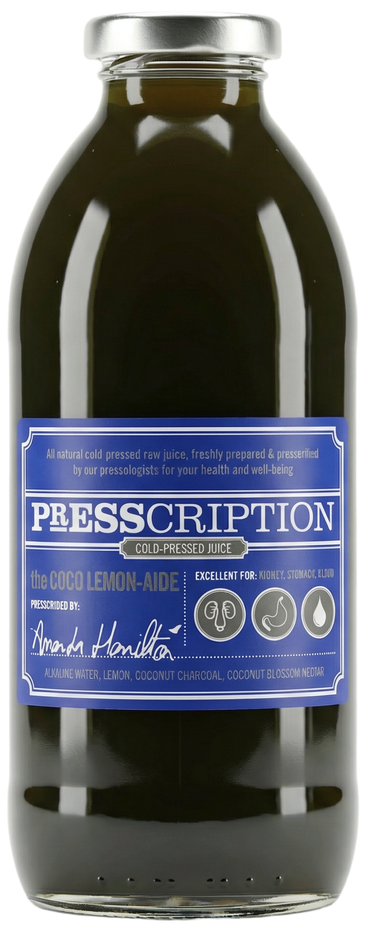 The Coco Lemonaide, black charcoal lemonade in a Presscription glass bottle