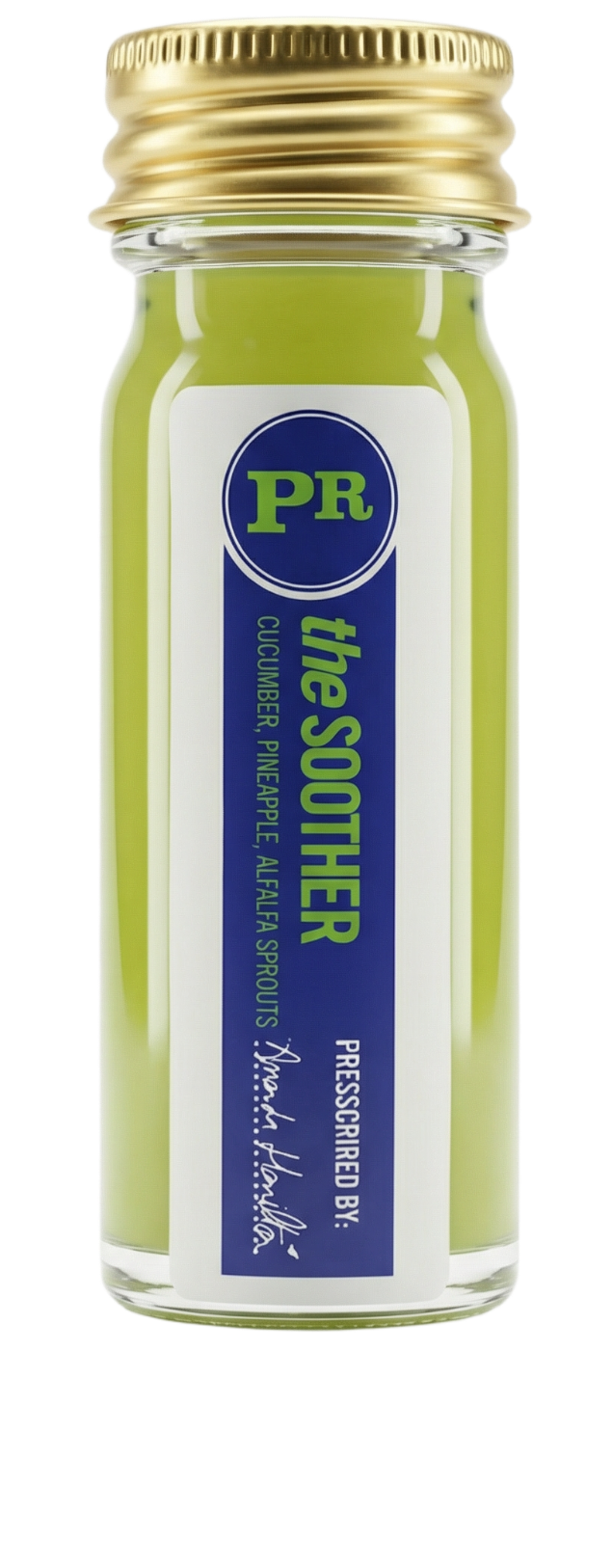 The Soother, a pale green wellness shot in a small Presscription glass bottle