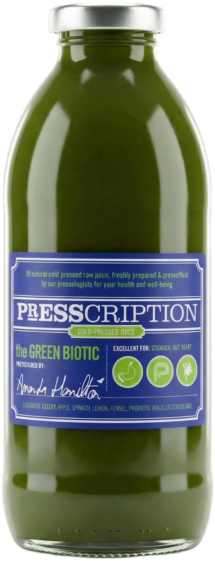 The Green Biotic, deep green juice in a Presscription glass bottle