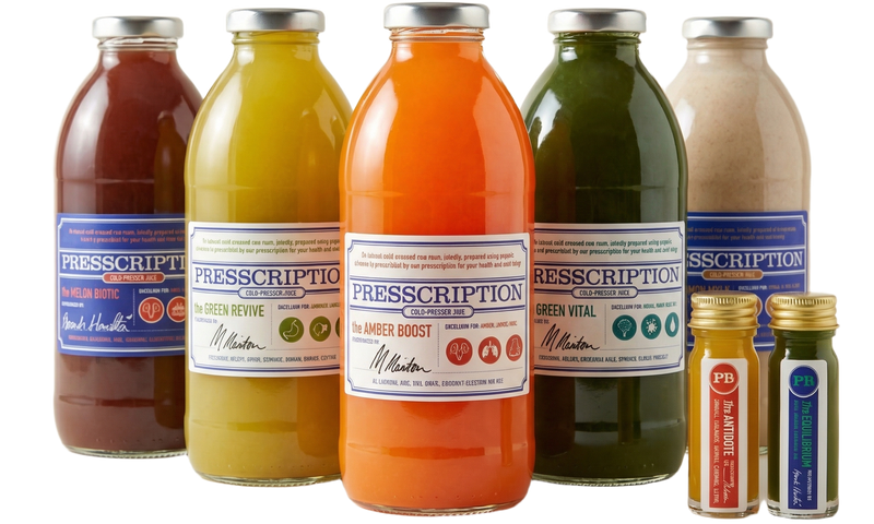 3 Day Juice Cleanse: five Presscription cold pressed juices and wellness shots in glass bottles