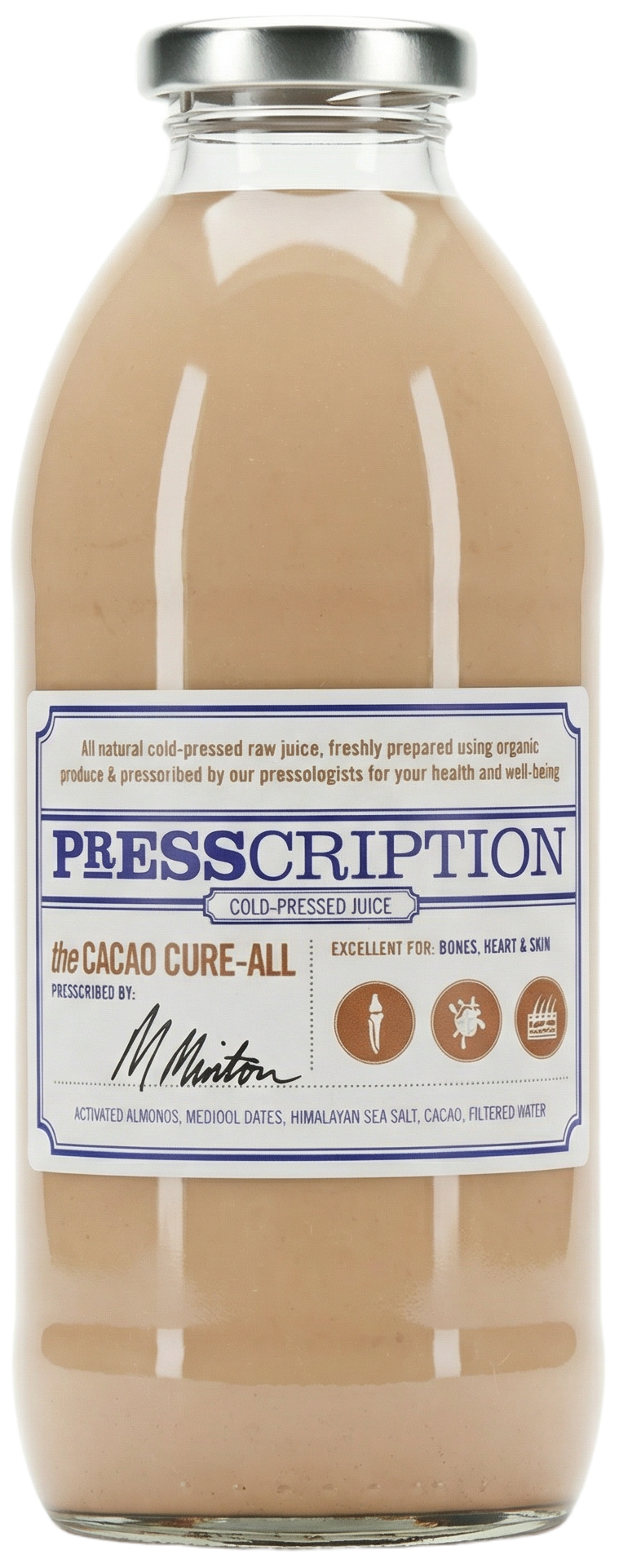 The Cacao Cure, light brown cacao nut mylk in a Presscription glass bottle