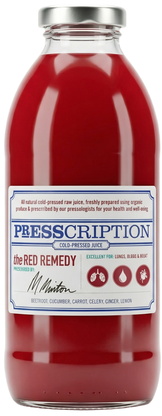 The Red Remedy, red beetroot juice in a Presscription glass bottle
