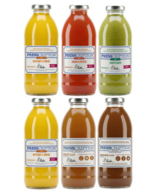 Soup Bundle: six bottles of Presscription soups stacked in two rows